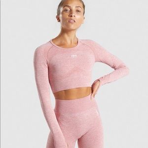 EUC Gymshark Flex Long Sleeve Crop Top Pink/ White